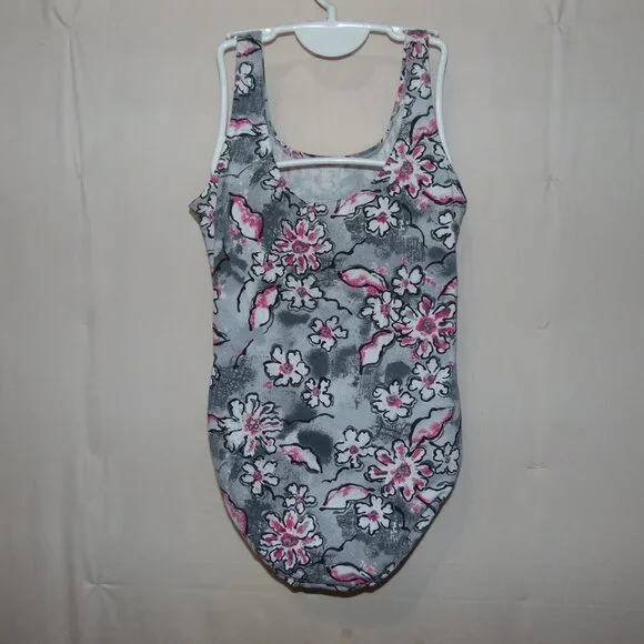 Kathy Ireland Grey White Pink Flowers Cotton Leotard XL - Picture 3 of 6